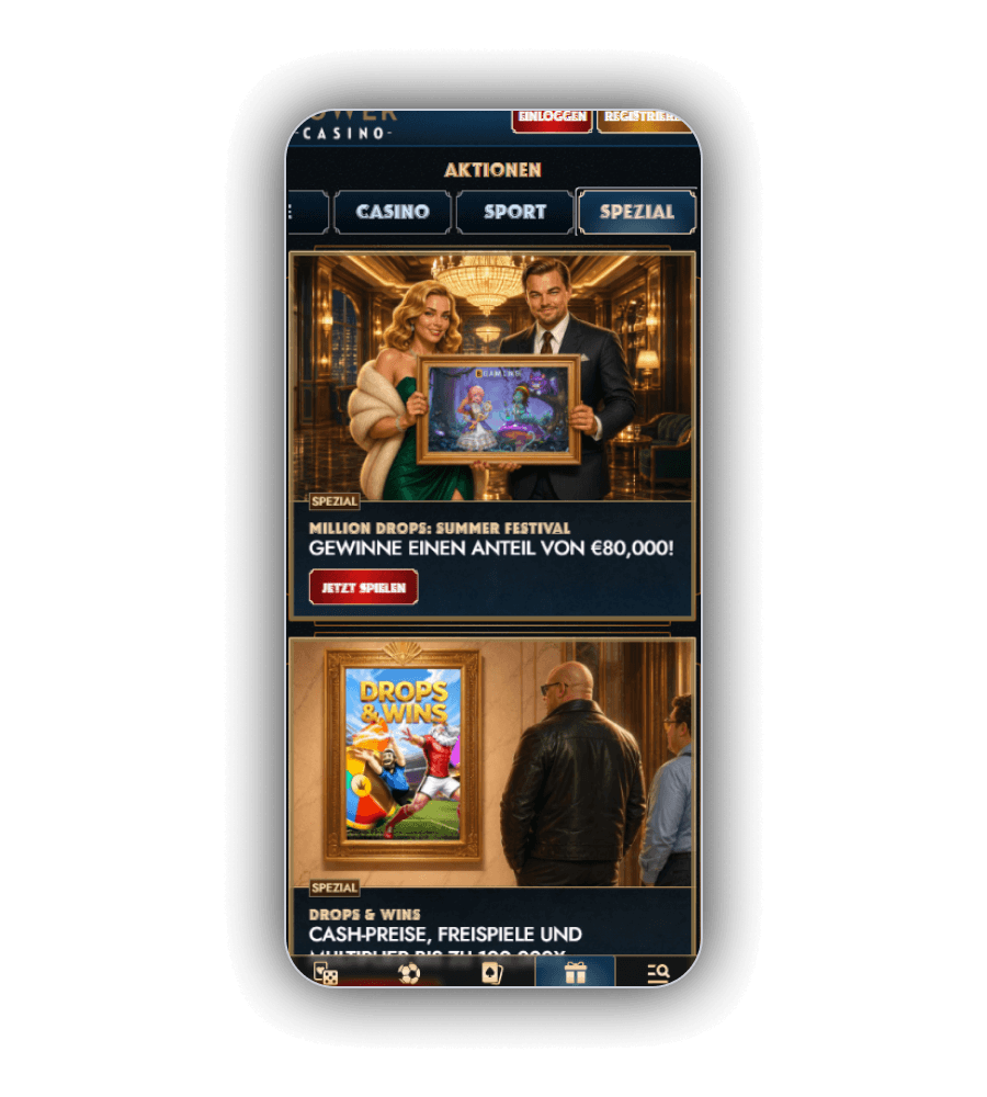 Aktionsseite mit Tabs für Casino Sport und Spezialkampagnen