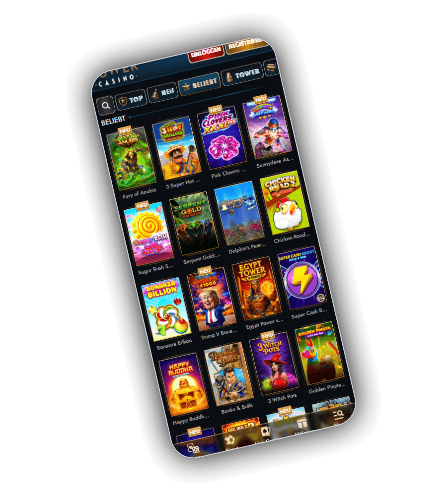 Spieleseite mit TOP, NEU, BELIEBT und TOWER sowie beliebtem Titelraster