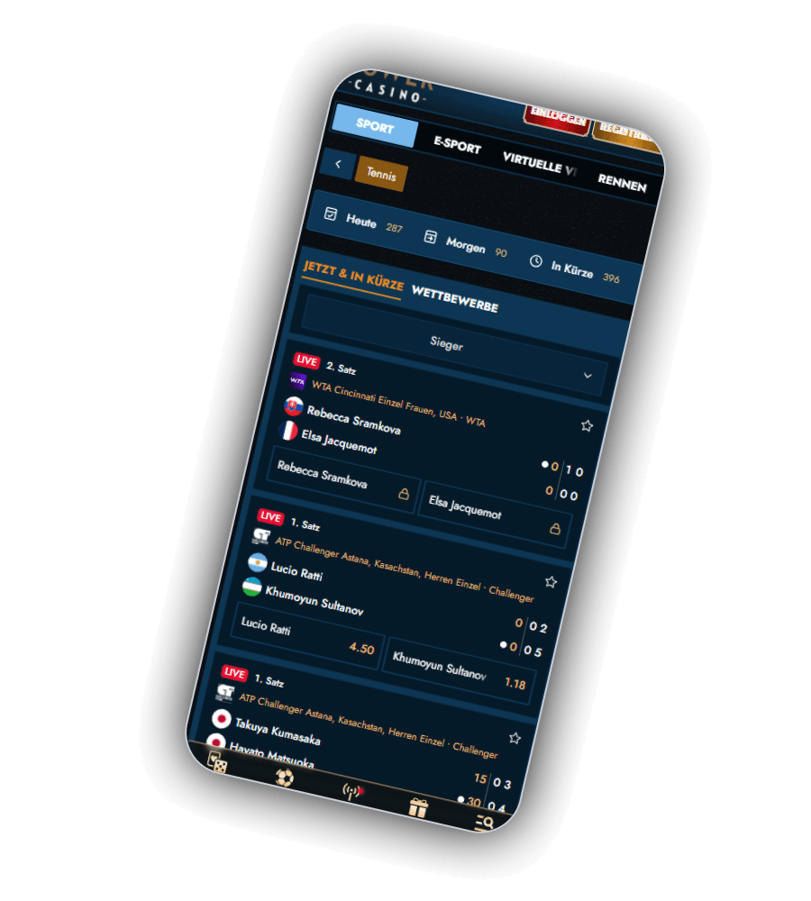 Sportseite mit Zeitfiltern, Wettbewerben, Livezeilen und sichtbaren Wettquoten